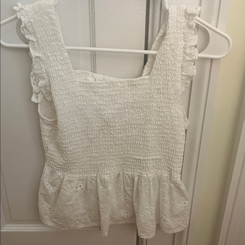 Chic White Smocked Blouse with Ruffle Details